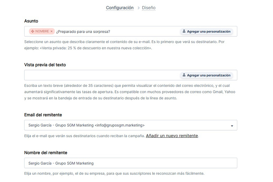 configuracion asunto email